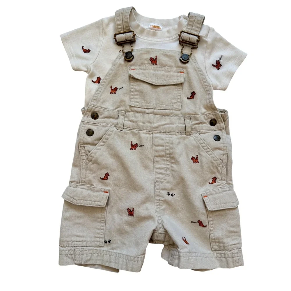 VTG Gymboree Baby Boy 2pc Set Khaki Tiger Embroidered Cargo Overalls Shirt 6-12M